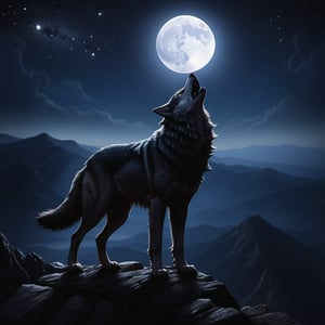 A majestic wolf standing on the edge of a mountain cliff, howling towards a large, glowing full moon high in the night sky. The wolf's silhouette is highlighted by the moonlight, while the sky is filled with sparkling stars, adding a magical touch. The scene takes place in a remote, rugged landscape, with sharp rocky peaks and a deep valley below. The atmosphere feels wild, powerful, and serene, evoking the freedom and primal spirit of nature, 16 k, beautiful, more detail XL