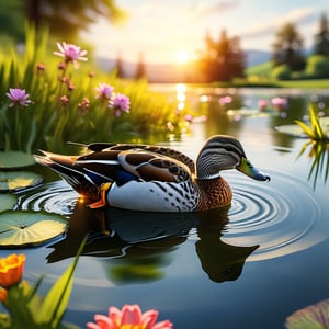 Create a high-quality and ultra-realistic image of a duck swimming in a pond with a beautiful landscape. The duck should be detailed with shiny and realistic feathers, reflecting sunlight on its plumage. The pond should have clear and crystalline water with gentle ripples indicating the duck's movement. Around the pond, there should be a serene and natural landscape with lush trees of different types and sizes, some vibrant colored flowers, and green grass. In the background, there should be gentle hills and a blue sky with some fluffy white clouds. The lighting should be soft and warm, like the sunlight on a spring morning. The reflections in the water should be sharp, showing both the duck and part of the surrounding landscape. Additional details may include some insects like dragonflies flying near the water and small fish visible beneath the pond's surface.,more detail XL