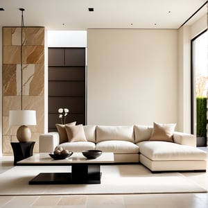 Photograph, contemporary living room, soft light of morning, integration of beige flooring and matte stone features, unified color scheme of soothing white tones, creating a white and inviting atmosphere, 35mm f/1.4G lens, set f/4, sophisticated furniture, including a white-colored sofa set and a minimalist side table, natural lights