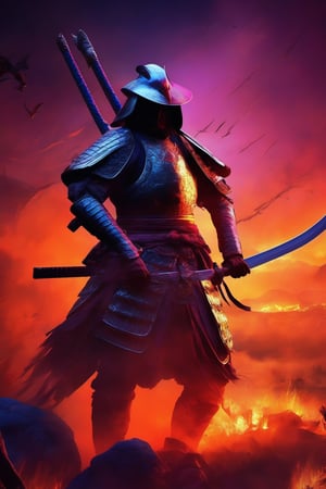 Masterpiece, Ultrarealistic, ethereal image, A hyper-realistic depiction of a duck samurai standing valiantly on a battlefield. The scene is set at dusk, with the sky ablaze in shades of orange and purple, casting dramatic shadows. The duck samurai, adorned in intricately detailed armor, holds a gleaming katana, ready for battle. The background features a chaotic yet visually stunning battlefield with other warriors engaged in combat, flags fluttering, and the smoke of distant fires adding to the intensity of the moment. (AR 2:3),LegendDarkFantasy
