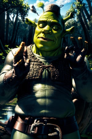 Highly detailed, High Quality, MasterPiece, beautiful, (medium long shot), 1person, solo, shrek, PachaMeme, (eyes closed, green skin, green hands, brown coat, white tunic, brown belt, brown pants, swamp, swamp trees, detailed background, blue sky, day)