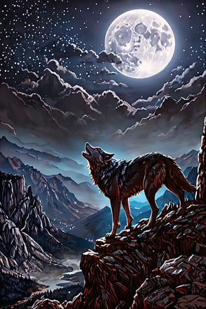 A majestic wolf standing on the edge of a mountain cliff, howling towards a large, glowing full moon high in the night sky. The wolf's silhouette is highlighted by the moonlight, while the sky is filled with sparkling stars, adding a magical touch. The scene takes place in a remote, rugged landscape, with sharp rocky peaks and a deep valley below. The atmosphere feels wild, powerful, and serene, evoking the freedom and primal spirit of nature, 16 k, beautiful, more detail XL