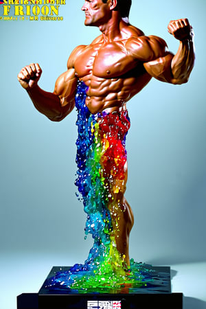 An ultra-high quality image of the cover for the magazine "Pumping Iron". featuring the current 1979 Mr Universe, Arnold Schwarzenegger. A side view muscle flex pose, exhibiting his incredible tanned and oiled physique. A ResinflowFu510n style body incorporating a beautifully vibrant river of colourful resin seemlessly flowing through the body, creating an abstract effect taht is alive with flowing energy.