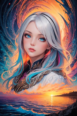 (masterpiece, top quality, best quality, official art, beautiful and aesthetic:1.2),(1girl),extreme detailed,(colorful:1.3),highest detailed,sunset,sea,white hair,(fractal art:1.3),