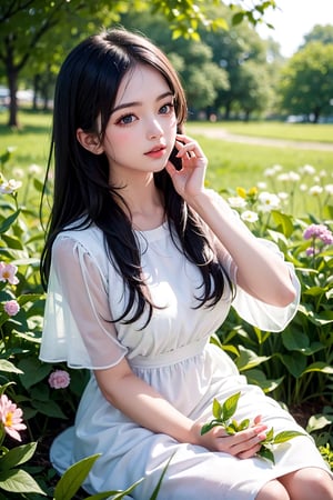 (masterpiece, best quality),1girl with long black hair sitting in a field of green plants and flowers,her hand under her chin,warm lighting,white dress,
