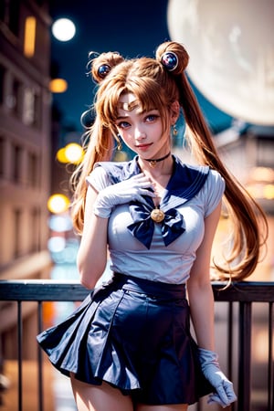 lora:sailor_moon_v1:0.7, aausagi, double bun, twintails, parted bangs, circlet, jewelry, earrings, choker, red bow, white gloves, elbow gloves, blue skirt,  standing,  outdoors,  city,( moon background:1.1),lora:add_detail:1, cowboy shot,best quality, highly detailed,photorealistic, realistic, masterpiece, absurdres, detailed skin texture, (detailed eyes, deep eyes,detail hair:1.0),remarkable detailed pupils,1girl,solo,(smile:1.2),(happy:1.1), narrow waist,large breasts, ,aausagi