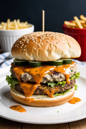 food photography photo of a burger with cheese, maximum detail, foreground focus