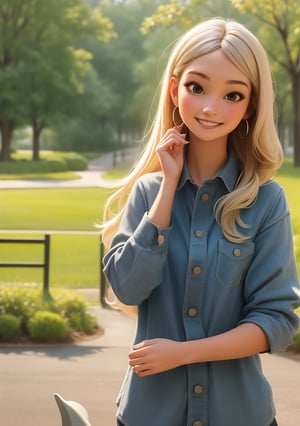 (masterpiece), (best quality), Photo Realistic, (extreme detailed), (1 girl), (pretty cute girl), smile, slender, blonde long hair, bluewish, playing with gray dolphin, in the park, upper body, original, extremely detailed wallpaper, (parfect detail features), 8k