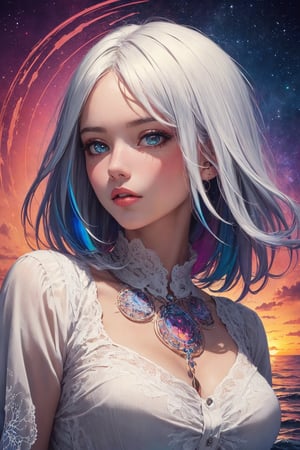 (masterpiece, top quality, best quality, official art, beautiful and aesthetic:1.2),(1girl),extreme detailed,(colorful:1.3),highest detailed,sunset,sea,white hair,(fractal art:1.3),