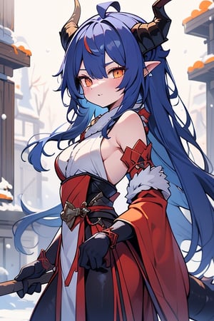 dragon woman, wingless, long hair, friendly face, orange martial arts master outfit, blue hair, dragon horns with orange tips, dragon tail, orange eyes, horns facing back,small breasts, beautiful, the woman who reflects the cold, the lady of winter, tail attached to the body, the monster of order.