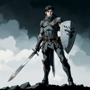 solo, simple background, gloves, 1boy, holding, standing, full body, weapon, male focus, boots, belt, sword, grey background, scarf, holding weapon, armor, black eyes, holding sword, shield, breastplate, shark, holding shield, anthropomorphic_shark