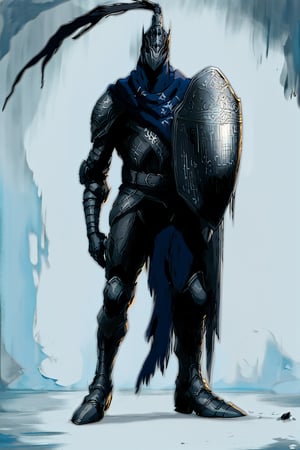 solo, simple background, gloves, 1boy, holding, standing, full body, weapon, male focus, boots, belt, sword, grey background, scarf, holding weapon, armor, black eyes, holding sword, shield, breastplate, shark, holding shield, Artorias,Artorias