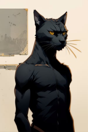 anthropomorphic cat, solo, (simple background:1.3), upper body, best quality, masterpiece, black cat, ,anthropomorphic
