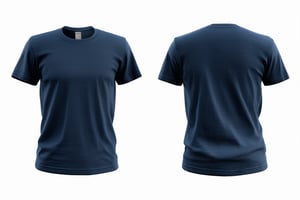 A close-up shot of a 3D rendered, blank, blue Navy T-shirt, showcasing both the front and back views against a crisp white background. The shirt's texture is realistic, with subtle fabric wrinkles and folds visible under soft, even lighting. The subject is posed flat, allowing the viewer to examine every detail.