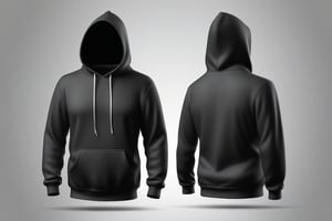 Blank black Hoddie 3d ,  blank white background, realistic, 2 images Front and back view