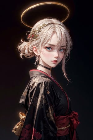 front upper body portrait. (masterpiece:1.2, best quality),(colored background) (finely detailed beautiful eyes: 1.2),guweiz style,details,  (extremely detailed CG unity 8k wallpaper, masterpiece, best quality, ultra-detailed, best shadow), (detailed background), (beautiful detailed face, beautiful detailed eyes), High contrast, (best illumination, an extremely delicate and beautiful),1girl, dynamic angle,beautiful detailed glow,upper body,glowing clothes, saint, modern kimono, choker, halo on head, white long hair, golden glowing eyes,intimidating look,midjourney, ,EpicArt,guweiz style
