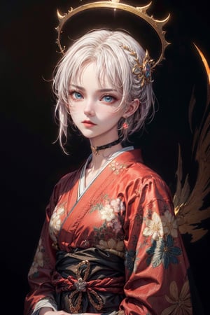 front upper body portrait. (masterpiece:1.2, best quality),(colored background) (finely detailed beautiful eyes: 1.2),guweiz style,details,  (extremely detailed CG unity 8k wallpaper, masterpiece, best quality, ultra-detailed, best shadow), (detailed background), (beautiful detailed face, beautiful detailed eyes), High contrast, (best illumination, an extremely delicate and beautiful),1girl, dynamic angle,beautiful detailed glow,upper body,glowing clothes, saint, modern kimono, choker, halo on head, white_hair,intimidating look,midjourney, ,EpicArt,guweiz style