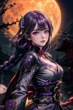 front upper body portrait. (masterpiece:1.2, best quality),(colored background) (finely detailed beautiful eyes: 1.2),guweiz style,details, Qiyana, (extremely detailed CG unity 8k wallpaper, masterpiece, best quality, ultra-detailed, best shadow), (detailed background), (beautiful detailed face, beautiful detailed eyes), High contrast, (best illumination, an extremely delicate and beautiful),raiden shogun, lightings, purple hair, purple eyes, 1girl, dynamic angle,beautiful detailed glow, dress, moon on sky,long single braid hair, posing, facing_viewer, fantasy landscape , intimidating look,midjourney, ,EpicArt,guweiz style,FFIXBG, rainbow_hair