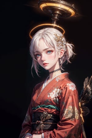 front upper body portrait. (masterpiece:1.2, best quality),(colored background) (finely detailed beautiful eyes: 1.2),guweiz style,details,  (extremely detailed CG unity 8k wallpaper, masterpiece, best quality, ultra-detailed, best shadow), (detailed background), (beautiful detailed face, beautiful detailed eyes), High contrast, (best illumination, an extremely delicate and beautiful),1girl, dynamic angle,beautiful detailed glow,upper body,glowing clothes, saint, modern kimono, choker, halo on head, white_hair,intimidating look,midjourney, ,EpicArt,guweiz style