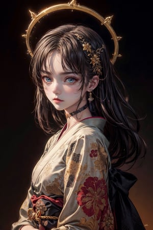 front upper body portrait. (masterpiece:1.2, best quality),(colored background) (finely detailed beautiful eyes: 1.2),guweiz style,details,  (extremely detailed CG unity 8k wallpaper, masterpiece, best quality, ultra-detailed, best shadow), (detailed background), (beautiful detailed face, beautiful detailed eyes), High contrast, (best illumination, an extremely delicate and beautiful),1girl, dynamic angle,beautiful detailed glow,upper body,glowing clothes, saint, modern kimono, choker, halo on head, white long hair, golden glowing eyes,intimidating look,midjourney, ,EpicArt,guweiz style