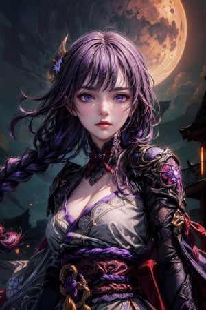 front upper body portrait. (masterpiece:1.2, best quality),(colored background) (finely detailed beautiful eyes: 1.2),guweiz style,details, Qiyana, (extremely detailed CG unity 8k wallpaper, masterpiece, best quality, ultra-detailed, best shadow), (detailed background), (beautiful detailed face, beautiful detailed eyes), High contrast, (best illumination, an extremely delicate and beautiful),raiden shogun, lightings, purple hair, purple eyes, 1girl, dynamic angle,beautiful detailed glow, dress, moon on sky,long single braid hair,front  posing, facing_viewer, fantasy landscape , intimidating look,midjourney, ,EpicArt,guweiz style,FFIXBG,