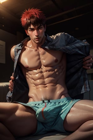 (masterpiece, best quality:1.2), , solo, male focus, 1boy, kagami taiga, expressionless, closed mouth, looking at viewer, sitting, shirtless, muscular, nipples, boxershorts, bulge,Shiny_skin,perfecteyes