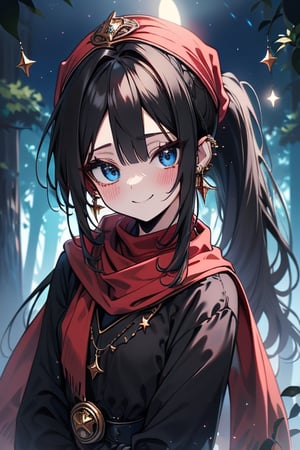 black hair, blue eyes,victorian princess dress outfit with black edges, a red scarf with gold stripes, the edges have small golden touches, friendly face, a black spandex that covers her entire body, headscarf, killer, happy smile , bangs, in the forest at night, masterpiece, star earrings, detailed, high quality, absurd, the strongest human of all, bringer of the world's hope, hair in ponytail.