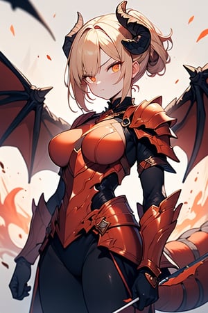 dragon wings, scaly skin, bright blonde hair, arrogant, serious, powerful, mother of the Yuumil, goddess of order, strongest dragon goddess, proud, goat horns, red horns, dragon hands, dragon legs, covered body by scales, armor, short hair, big wings, dragonborn, goddess of order and battles, masterpiece, detailed, high quality, absurd, very high resolution, good quality image, high definition, serious face, annoying, warrior, Order ,good quality eyes, high resolution eyes, defined eyes, sharp eyes, orange eyes, armor that covers everything,face with good resolution,breast armor,orange armor,hair up with braids,dragon tail,over the sun, sword of order with a orange glow, radiant figure,magma armor.
