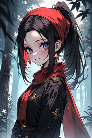black hair, blue eyes,black guard suit
 outfit with black edges, a red scarf with gold stripes, the edges have small golden touches, friendly face, a black spandex that covers her entire body, headscarf, killer, happy smile , bangs, in the forest at night, masterpiece, star earrings, detailed, high quality, absurd, the strongest human of all, bringer of the world's hope, hair in ponytail.