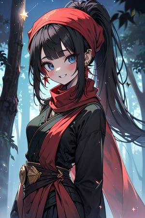 black hair, blue eyes, sari
 outfit with black edges, a red scarf with gold stripes, the edges have small golden touches, friendly face, a black spandex that covers her entire body, headscarf, killer, happy smile , bangs, in the forest at night, masterpiece, star earrings, detailed, high quality, absurd, the strongest human of all, bringer of the world's hope, hair in ponytail.