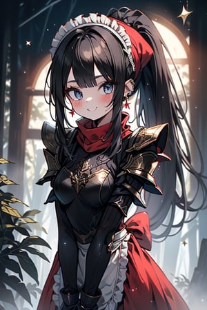 black hair, blue eyes, light red maid outfit with black edges, a red scarf with gold stripes, the edges have small golden touches, friendly face, a black spandex that covers her entire body, headscarf, killer, happy smile , bangs, in the forest at night, masterpiece, star earrings, detailed, high quality, absurd, the strongest human of all, bringer of the world's hope, hair in ponytail,Full armor, black breastplate.
