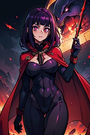 The queen of the abyss, protective mother of mortals, formidable war, purple hair, medium hair, very long bangs, black combat lycra attached to her body, purple eyes, foreign, alien, the fastest woman in the world, tall, powerful , red spear,magenta hair with reddish tones,military cape, masterpiece, good quality, excellent quality, good resolution

