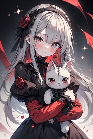 a puppet, a woman with a small body, teenager, gray hair, smiling, black rose patch on her left eye, very elegant black dress from the Victorian era, silver eyes, perfect face, happy, yandere, psychopath, corrodia, hive mind semi-central, small breasts, masterpiece, very good quality, excellent quality, loli, small body,loli,young man, holding a stuffed cat in his arms, red threads on her fingers.