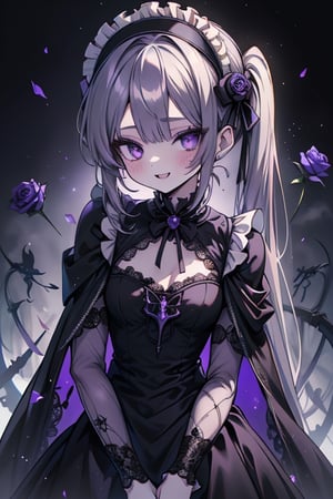 a puppet, a woman with a small body, teenager, gray hair, smiling, black rose patch on her left eye, very elegant black dress from the Victorian era, purple eyes, perfect face, happy, yandere, psychopath, corrodia, hive mind semi-central, small breasts, masterpiece, very good quality, excellent quality, loli, small body,loli,young man, 
 gothic,sculptor of souls,two long pigtails in her hair,maid headband,purple cape
