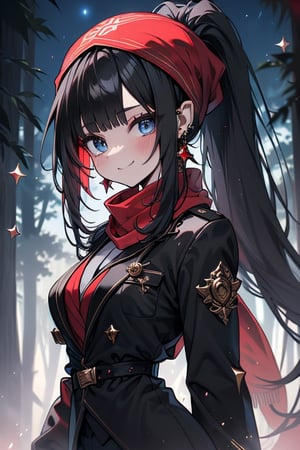 black hair, blue eyes,black guard suit
 outfit with black edges, a red scarf with gold stripes, the edges have small golden touches, friendly face, a black spandex that covers her entire body, headscarf, killer, happy smile , bangs, in the forest at night, masterpiece, star earrings, detailed, high quality, absurd, the strongest human of all, bringer of the world's hope, hair in ponytail.