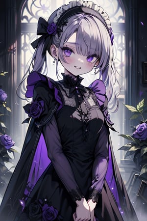 a puppet, a woman with a small body, teenager, gray hair, smiling, black rose patch on her left eye, very elegant black dress from the Victorian era, purple eyes, perfect face, happy, yandere, psychopath, corrodia, hive mind semi-central, small breasts, masterpiece, very good quality, excellent quality, loli, small body,loli,young man, 
 gothic,sculptor of souls,two long pigtails in her hair,maid headband,purple cape
