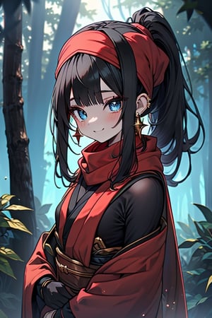 black hair, blue eyes, yellow Kimono
 outfit with black edges, a red scarf with gold stripes, the edges have small golden touches, friendly face, a black spandex that covers her entire body, headscarf, killer, happy smile , bangs, in the forest at night, masterpiece, star earrings, detailed, high quality, absurd, the strongest human of all, bringer of the world's hope, hair in ponytail,black lycra.