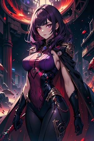 The queen of the abyss, protective mother of mortals, formidable war, purple hair, medium hair, very long bangs, black combat lycra attached to her body, purple eyes, foreign, alien, the fastest woman in the world, tall, powerful , red spear,magenta hair with reddish tones,military cape, masterpiece, good quality, excellent quality, good resolution

