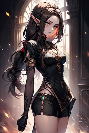 pointy ears,nobility dress, elegant, shorts, black tunic, green eyes, long hair with braids, boring eyes, serious, brown hair, masterpiece, good quality, very good quality, ancient princess, assassin, without hair bangs, high forehead, pure blood elf, noble, tall figure, woman with a proud attitude,small breasts, thin, small butt,black gloves, black pantyhouse.

,frieren