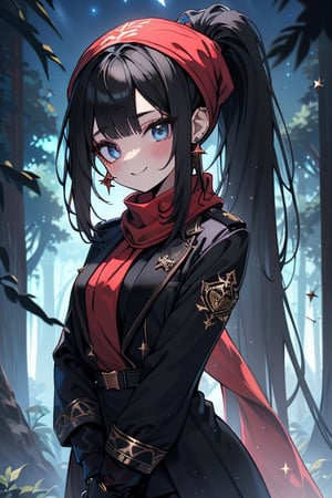 black hair, blue eyes,black guard suit
 outfit with black edges, a red scarf with gold stripes, the edges have small golden touches, friendly face, a black spandex that covers her entire body, headscarf, killer, happy smile , bangs, in the forest at night, masterpiece, star earrings, detailed, high quality, absurd, the strongest human of all, bringer of the world's hope, hair in ponytail.