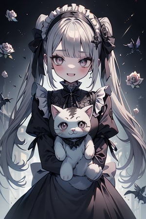 a puppet, a woman with a small body, teenager, gray hair, smiling, black rose patch on her left eye, very elegant black dress from the Victorian era, silver eyes, perfect face, happy, yandere, psychopath, corrodia, hive mind semi-central, small breasts, masterpiece, very good quality, excellent quality, loli, small body,loli,young man, holding a stuffed cat in her arms, gothic,sculptor of souls,two long pigtails in her hair,maid headband.