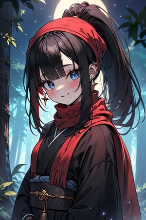 black hair, blue eyes, Kimono
 outfit with black edges, a red scarf with gold stripes, the edges have small golden touches, friendly face, a black spandex that covers her entire body, headscarf, killer, happy smile , bangs, in the forest at night, masterpiece, star earrings, detailed, high quality, absurd, the strongest human of all, bringer of the world's hope, hair in ponytail.