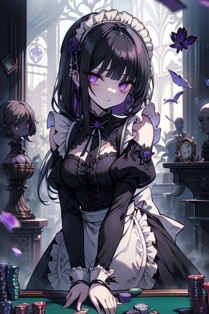 a puppet, a woman with a tall body, black hair, empty eyes, black rose patch on the left eye, maid outfit, purple eyes, perfect face, yandere, psychopath, corrodia, semi-central hive mind, medium breasts, masterpiece, very good quality, excellent quality, young,
 gothic, sculptor of souls, long hair, maid's headband, expressionless, poker face, lifeless.
