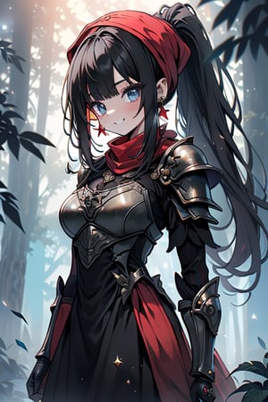 black hair, blue eyes,victorian princess dress outfit with black edges, a red scarf with gold stripes, the edges have small golden touches, friendly face, a black spandex that covers her entire body, headscarf, killer, happy smile , bangs, in the forest at night, masterpiece, star earrings, detailed, high quality, absurd, the strongest human of all, bringer of the world's hope, hair in ponytail,Full armor, black breastplate.