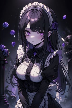 a puppet, a woman with a tall body, black hair, empty eyes, black rose patch on the left eye, maid outfit, purple eyes, perfect face, yandere, psychopath, corrodia, semi-central hive mind, medium breasts, masterpiece, very good quality, excellent quality, young,
 gothic, sculptor of souls, long hair, maid's headband, expressionless, lifeless.
