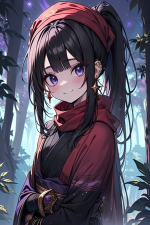 black hair, blue eyes, purple Kimono
 outfit with black edges, a red scarf with gold stripes, the edges have small golden touches, friendly face, a black spandex that covers her entire body, headscarf, killer, happy smile , bangs, in the forest at night, masterpiece, star earrings, detailed, high quality, absurd, the strongest human of all, bringer of the world's hope, hair in ponytail,black lycra.