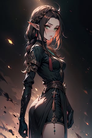 pointy ears,nobility dress, elegant, shorts, black tunic, green eyes, long hair with braids, boring eyes, serious, brown hair, masterpiece, good quality, very good quality, ancient princess, assassin, without hair bangs, high forehead, pure blood elf, noble, tall figure, woman with a proud attitude,small breasts, thin, small butt,black gloves, black pantyhouse.

,frieren