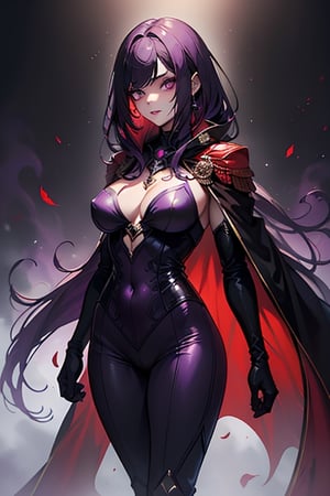 The queen of the abyss, protective mother of mortals, formidable war, purple hair, medium hair, very long bangs, black combat lycra attached to her body, purple eyes, foreign, alien, the fastest woman in the world, tall, powerful , red spear,magenta hair with reddish tones,military cape, masterpiece, good quality, excellent quality, good resolution

