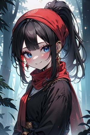 black hair, blue eyes,victorian princess dress outfit with black edges, a red scarf with gold stripes, the edges have small golden touches, friendly face, a black spandex that covers her entire body, headscarf, killer, happy smile , bangs, in the forest at night, masterpiece, star earrings, detailed, high quality, absurd, the strongest human of all, bringer of the world's hope, hair in ponytail.