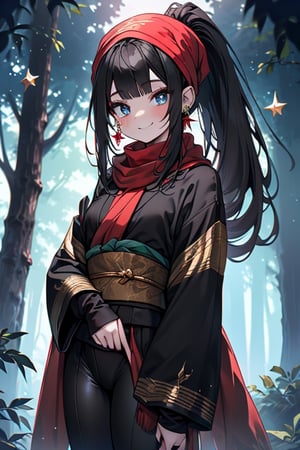 black hair, blue eyes, Kimono
 outfit with black edges, a red scarf with gold stripes, the edges have small golden touches, friendly face, a black spandex that covers her entire body, headscarf, killer, happy smile , bangs, in the forest at night, masterpiece, star earrings, detailed, high quality, absurd, the strongest human of all, bringer of the world's hope, hair in ponytail,black lycra.